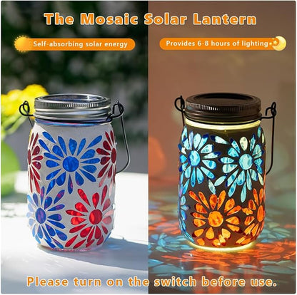 Starsoul Solar Lanterns Outdoor Waterproof, Mosaic Flowers Glass Solar Hanging Outdoor Lights, Decorative Solar Lantern for Outside Pathway Patio Porch Yard Decor