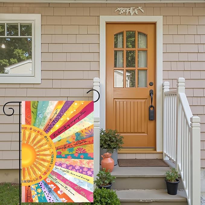 Summer Sun Garden Flag Colorful Boho Sunshine Yard Flags Inspirational Artistic Outdoor Decor for Front Yard Lawn Patio Porch Bright Floral Seasonal House Banner Double Sided 12x18 Inch