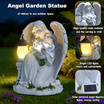 Solar Angel Garden Statue Outdoor, Praying Angel Statues Solar Figurine Lights Outdoor Waterproof, Resin Angel Sculpture for Garden Yard Lawn Grave Cemetery Decor, Gift for Mom Grandma Women (Bouquet)