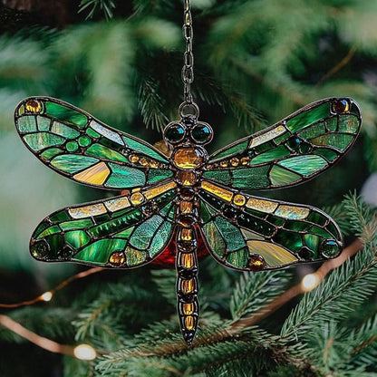 Emerald Faux Mosaic Dragonfly Acrylic Suncatcher Stained Glass Effect Window Car Hanging Christmas Ornament Indoor Outdoor Decor Garden Sun Catcher Panel for Dragonfly Lover for Women Mom Grandma