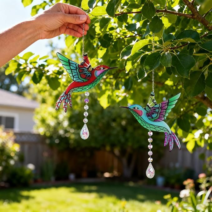 Hummingbird Suncatchers,Stained Glass Window Hanging Ornament,Rainbow Maker Crystal Garden Suncatcher for Outdoor Home Indoor Yard Decoration