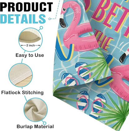 Dyrenson Summer Life is Better by The Pool Decorative Garden Flag, Flamingo Swim Rings Tropical Palm Leaves Yard Outside Home Decoration, Flip Flops Ball Outdoor Small Decor Double Sided 12 x 18