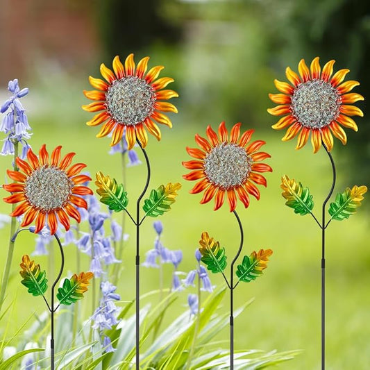Garden Decor for Outside,Metal Sunflower Garden Stakes Lawn Ornaments Decorative Spring Decor 4 Pcs,Yard Art for Outdoor Lawn Patio Pot Decoration