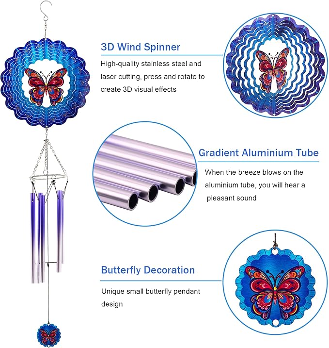 Wind Chimes with Butterfly Wind Spinner, Mom Gifts for Mom Women Grandma Birthday Retirement Teacher, 31" Windchimes Outdoor Decor Hanging Mobile for Garden Porch Patio Backyard