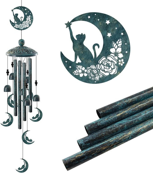 Cat on the Moon Wind Chimes for Outside - 35" Large Metal Windchime with 6 Cat Charms & 4 Tuned Aluminum Tubes - Memorial Pet Sympathy Gift, Verdigris Bronze Garden Decor for Yard, Porch, Patio