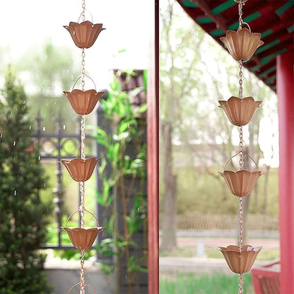 Copper Plated Rain Chain for Outside Downspouts,Adjustable Rain Catcher Chain for Eaves Drainage,Decorative Metal Hanging Flower Spiral Rain Bells(A)