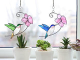 Lolitarcrafts Hummingbird with Flower Stained Glass Suncatcher Bird Stained Glass Window Hangings Hummingbird Gift for Home Decor (Blue with Flower)
