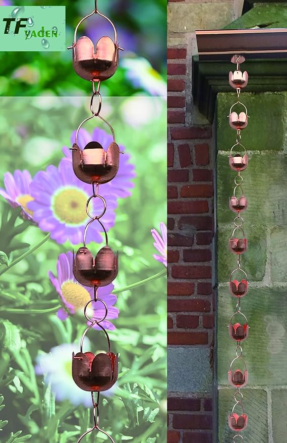 Pure Copper Garden rain Chain-Functional and Decor Replacement for Gutter Downspouts. Decor Rain Chime and Fountain. Lotus Design. One Free Adapter. 8.5 ft Length and 3 in Diameter,TF96325