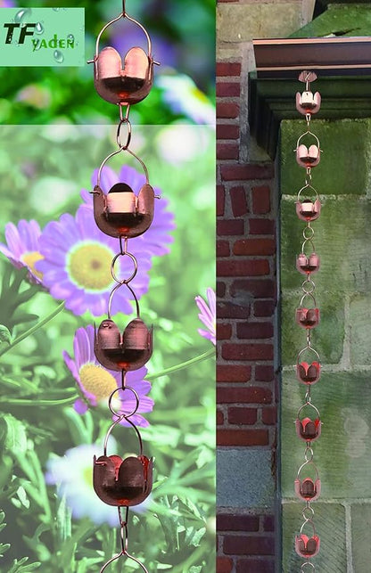 Pure Copper Garden rain Chain-Functional and Decor Replacement for Gutter Downspouts. Decor Rain Chime and Fountain. Lotus Design. One Free Adapter. 8.5 ft Length and 3 in Diameter,TF96325