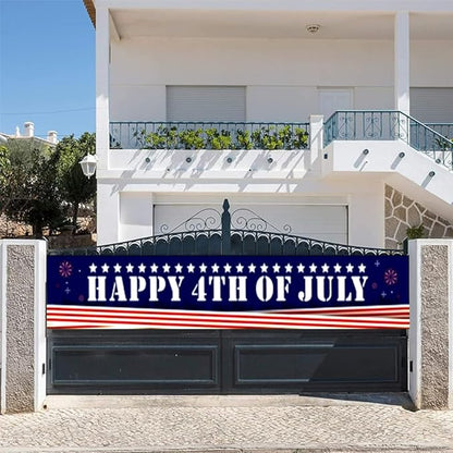 Happy 4th of July Banner 20 * 120inch Decorations Outdoor Patriotic Yard Sign Party Supplies Red White and Blue Stars USA Independence Day Backdrop for Outside Indoor Fence Balcony Garden Decorations