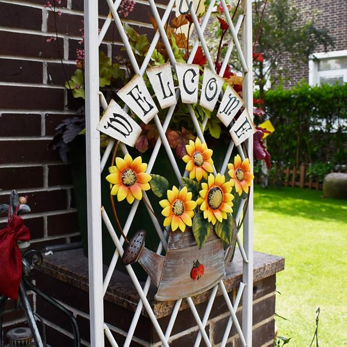Welcome Sign Metal Hanging Sunflower Signs for Front Door Porch Wall - Rustic Decorative Door Hanger Indoor Outdoor Spring Decoration Wreath Decor (B)