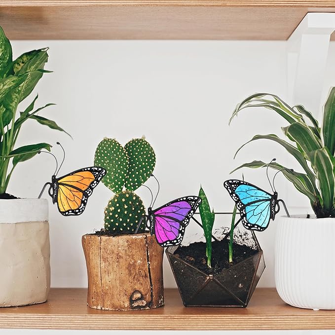 Geelin 3 Pcs Stained Glass Butterfly Suncatcher Flower Pot Decoration Metal Plant Pot Hangers Colorful Butterfly Garden Yard Suncatcher Decor Indoor Outdoor Home Decor