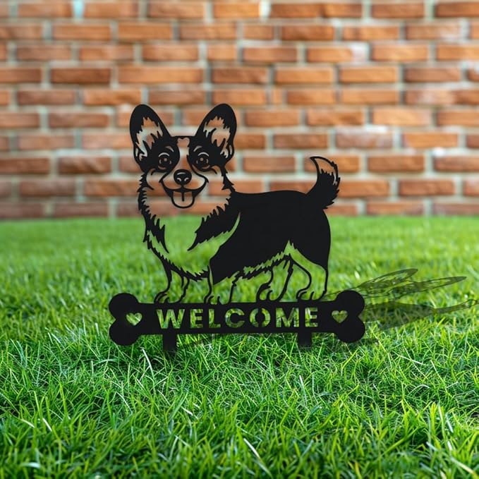 WADORN Dog Metal Decorative Garden Stakes, Funny Welcome Yard Sign Art Decoration Corgi Dog Silhouette Statues Black Garden Decor for Outside Dogs Lover Ornament Gifts for Backyard Patio Lawn Walkways