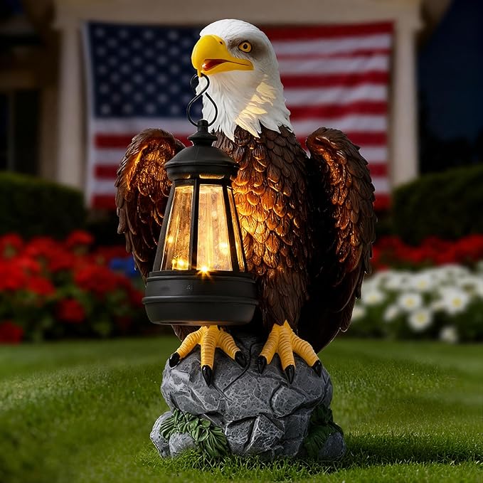 Jesokiibo 250th Anniversary USA Bald Eagle Statue with Solar Light, USA 250th Anniversary Merchandise Garden Decor Sculptures Statues Outdoor, Yard & Lawn Figurine,Bald Eagle Gift for Men