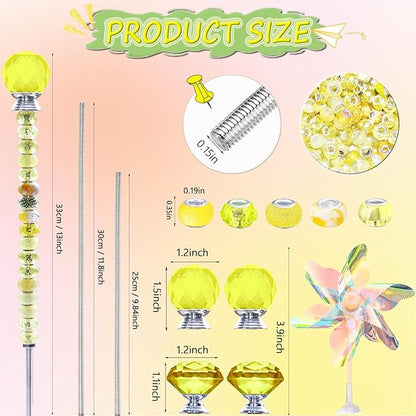 101 PCS Beaded Garden Stakes Kit, DIY Fairy Wand Garden Stake Beads Kits with Yellow Large Hole Beads 4 Crystal Stopper Top Threaded Rods and 2 Colored Small Windmills for Outdoor Indoor Decor