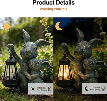 Solar Outdoor Statues Lantern Figurines Light Decorations for Garden Patio Balcony Yard Lawn, Ideal Gifts for Mom Friends (Bronze -Rabbit)