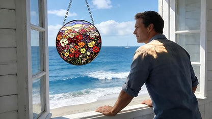 Stained Glass Window Hanging Ornament, Flowers and Green Leaves 6.3 Inches Suncatcher for Window Home Decor Bithday Christmas Monther's Day Gifts for Women Men and Mom