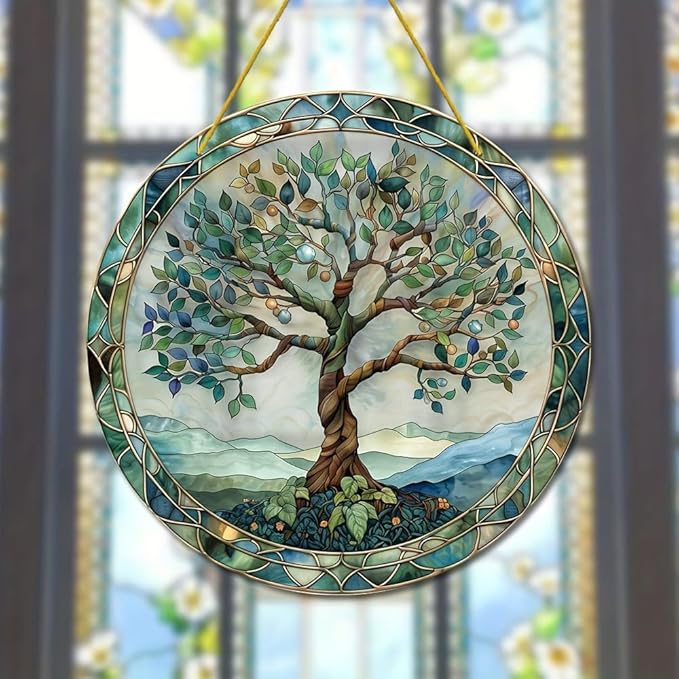 Stained Glass Window Hanging,Paint Tree of Life Suncatcher, Stained Glass Ornament, Suncatchers for Windows Hanging, Window Decor, Outdoor or Indoor, Gifts for Women, Bestie, Friends