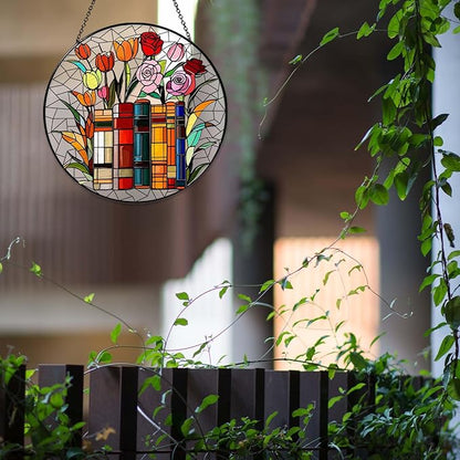 Flower Book Stained Glass Window Hanging 7.8'' Sun Catcher Book Club Lover Gifts for Women Christmas Wall Decor Handmade SunCatcher Decoration for Garden Home Bookish Library Decor