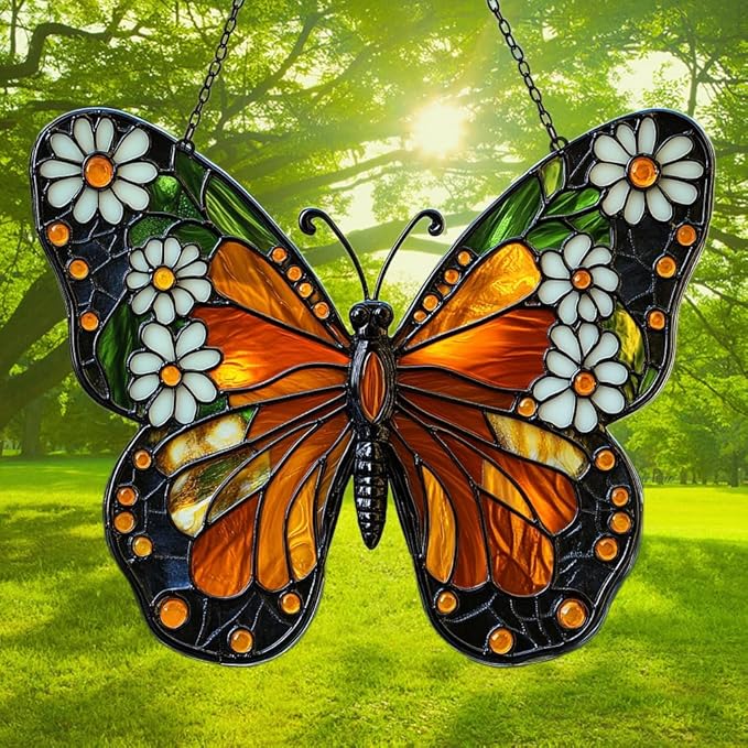 Floral Monarch Acrylic Suncatcher Stained Glass Effect Window Car Hanging Christmas Ornament Indoor Outdoor Decor Garden Sun Catcher Panel for Butterfly Lover for Women Mom Grandma