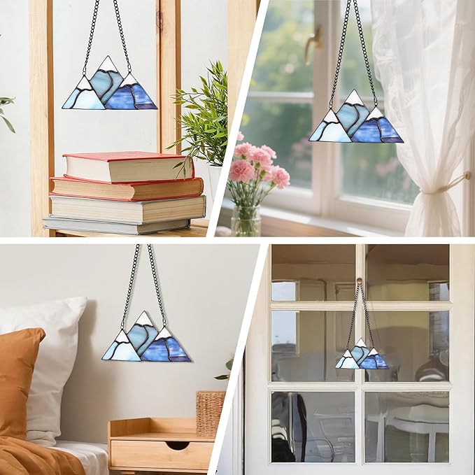 Tuitessine Snow Mountain Stained Glass Window Hanging Decor, Hand-Painted Smoky Mountain Glass Ornament 6.1×3.4 in, Nature Lover Gift Home & Garden Farmhouse Suncatcher