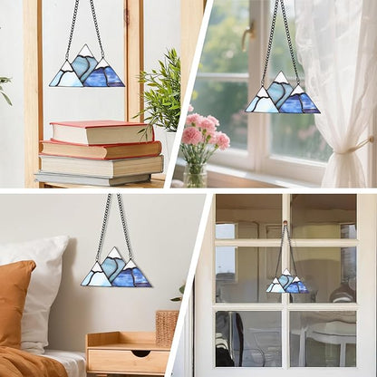 Tuitessine Snow Mountain Stained Glass Window Hanging Decor, Hand-Painted Smoky Mountain Glass Ornament 6.1×3.4 in, Nature Lover Gift Home & Garden Farmhouse Suncatcher