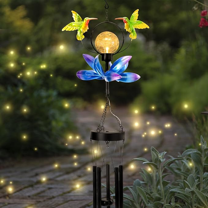 Taman Solar Wind Chime - 35"Hummingbird Solar Lights Wind Chimes Valentine's Day Gift with Spinner for Outside Deep Tone Decorative Memorial Gift for Home, Outdoor, Yard, Patio, Balcony, Garden Decor