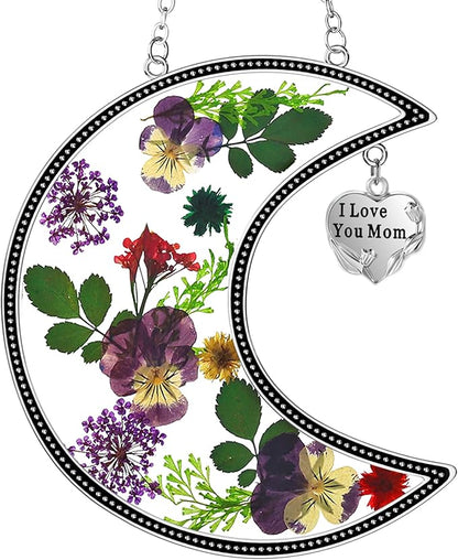 KY&BOSAM Moon Suncatcher Mom Gifts Stained Glass for Window Hangings Wind Chimes Decor with Pressed Real Flower and Metal I Love You Mom Heart Charm Birthday Gift for Women Mother`s Day Christmas