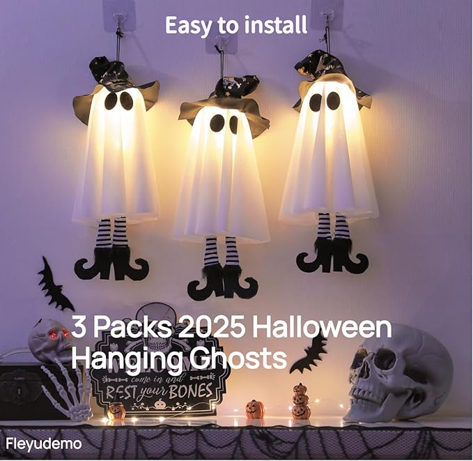 3 Pack Halloween Hanging Ghosts,Halloween Decorations Outdoor,19 inch Light Up Hanging Ghost with Witch Hat for Yard Patio Garden Tree