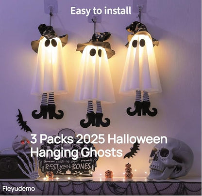 3 Pack Halloween Hanging Ghosts,Halloween Decorations Outdoor,19 inch Light Up Hanging Ghost with Witch Hat for Yard Patio Garden Tree