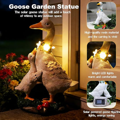 Porch Goose Statue Outdoor, Solar Garden Statue Goose Figurine Lights Outdoor Waterproof, Resin Outdoor Sculpture for Yard Porch Patio Lawn Garden Decor, Unique Gifts for Mom Grandma Women