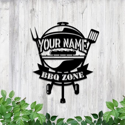 MeMate BBQ Zone Signs, Grill Sign to Personalize, Personalized Barbecue Metal Signs Kitchen Decor, Custom Name Outdoor Plaques for Backyard, Patio, Porch, Deck, Rustic Decorations for Man Cave