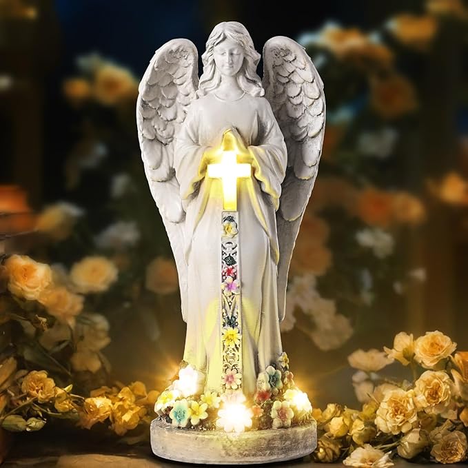 Angel Garden Statues Outdoor Cemetery Decorations for Grave 8.2" Resin Praying Angel Figurines Featuring Cross Solar Light Waterproof Angel Decor for Grave-Sympathy Gifts for Loss of Loved One