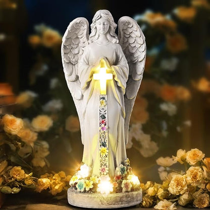 Angel Garden Statues Outdoor Cemetery Decorations for Grave 8.2" Resin Praying Angel Figurines Featuring Cross Solar Light Waterproof Angel Decor for Grave-Sympathy Gifts for Loss of Loved One