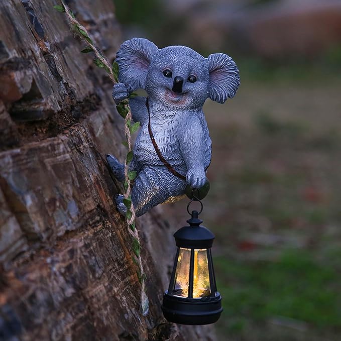 Decorative Koala Tree Climber with Solar Lantern, Gray Resin Garden Statue, Outdoor Hanging Animal Light