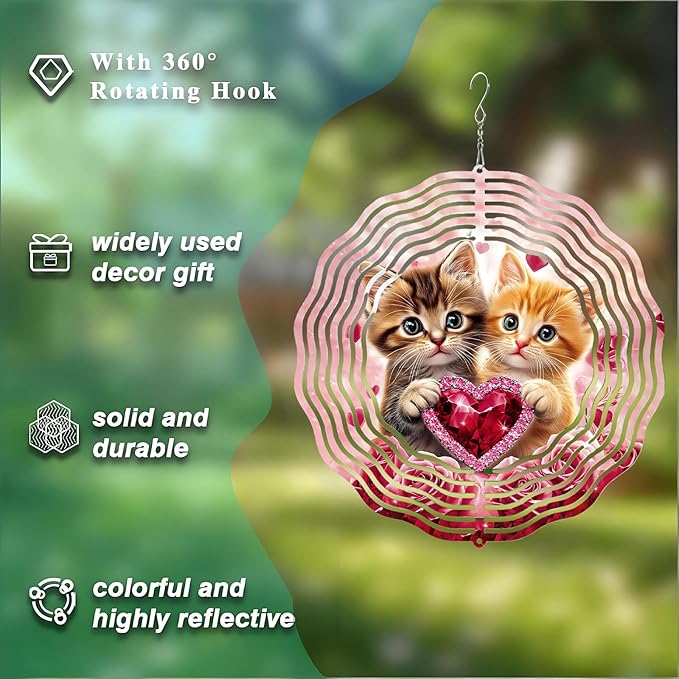 10 Inch Cat Wind Spinner, 3D Stainless Steel Hanging Kinetic Wind Sculpture Gifts for Garden Yard Art Indoor Outdoor Window Porch Front Door Decor, Women, Spring Decorations