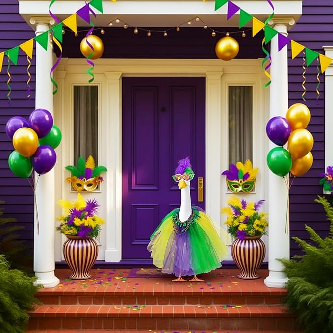 Abbylike 1 Set Mardi Gras Porch Goose Outfits Carnival Porch Yard Goose Clothes and Mask Costume Fits Large 23'' Cement for Garden Yard Statue Pathway Decorations