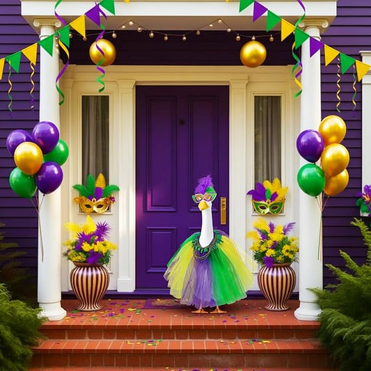 Abbylike 1 Set Mardi Gras Porch Goose Outfits Carnival Porch Yard Goose Clothes and Mask Costume Fits Large 23'' Cement for Garden Yard Statue Pathway Decorations