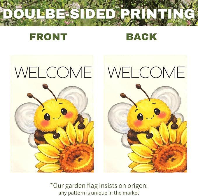 Welcome Garden Flag Cute Bee with Sunflower Outdoor Yard Flags Spring Summer Garden Double Sided Bee Banner for Lawn Yard Porch Patio Farmhouse Rustic Outdoor Seasonal Home Decor 12x18 Inch