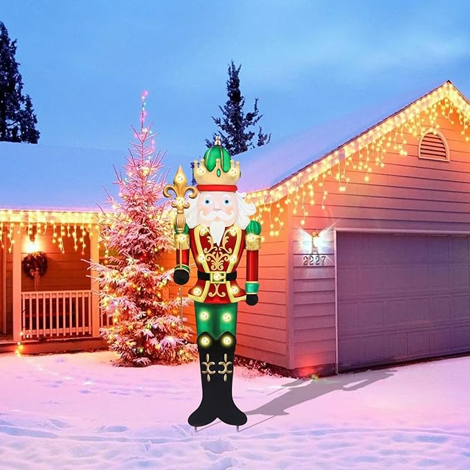 WONDER GARDEN Christmas Metal Yard Stakes, Lighted Nutcracker Soldier, Outdoor Christmas Decorations for Lawn Party Outside