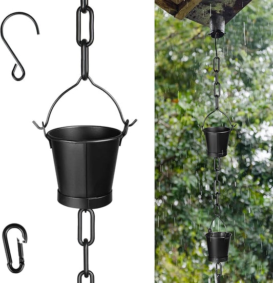 Invech 12.5FT Adjustable Rain Chains for Gutters, Outside Rain Chains with 12 Cups, Bucket Shape Rain Catcher Chain for Eaves Drainage, Replacement for Downpout