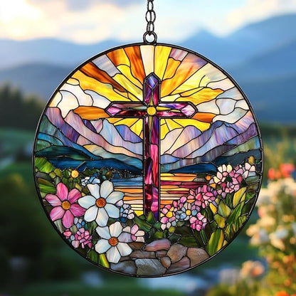 Flowers Hill Cross Acrylic Suncatcher Stained Glass Effect Window Car Hanging Christmas Ornament Indoor Outdoor Decor Garden Memorial Sun Catcher for Family Christmas Jesus Gift for Women Mom Grandma