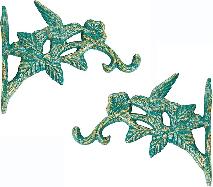 Sungmor Cast Iron Hanging Plant Brackets Decorative Plant Hanger, 2 Pack Green Wall Mounted Flower Pot Hooks, Outdoor Bird Feeder Hanger, Vintage Garden Hooks for Wind Chimes, Lanterns, Birdhouse