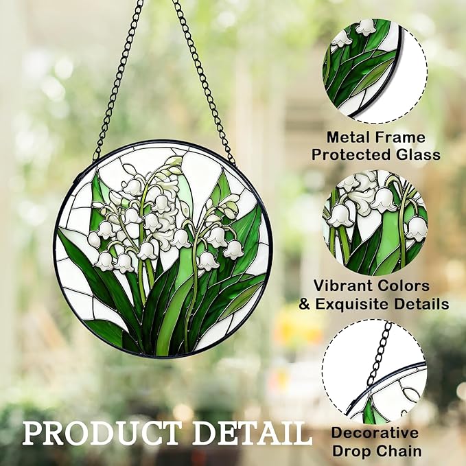Stained Glass Window Hanging, Spring Lily of The Valley Flower Suncatcher for Window Doors Garden Home Decor, Green Plants Colorful Glass Panel Ornaments for Women,Men,Wife, Lovers, and Mom 7.8 in
