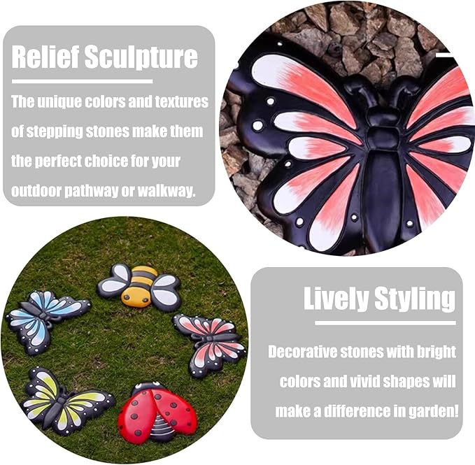 Stepping Stone Yard Walkway Step Stones Set of 3, Animal Stepping Gardening Stone for Flower Beds Lawn Decorative, Path Resin Stepping Stone Ornaments(Color:Ladybug)