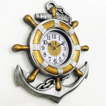 Anchor Outdoor Clock, Nautical Ship Wheel Rudder Wall Clock, Beach Sea Style Decorative Clock for Patio, Pool, Porch (Vintage Silver + Bronze)