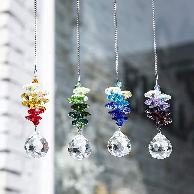 HDCRYSTALGIFTS 4PCS Crystal Hanging Sun Catchers for Window Indoor Rainbow Maker Suncatchers Crystals Ball Prism Chakra Octagon Bead Decor for Home Garden,10.5inch