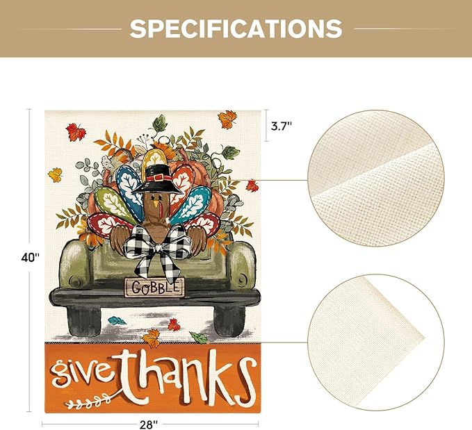 AVOIN colorlife Give Thanks Thanksgiving House Flag 28x40 Inch Double Sided Outside, Gobble Turkey Truck Rustic Yard Outdoor Flag