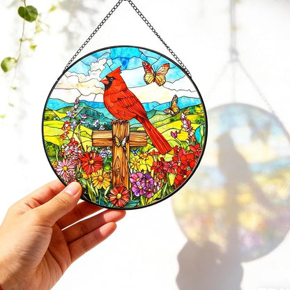 Cross Flower Suncatcher Stained Glass Window Hanging, Christian Wildflower Sunset Landscape Sun Catchers Indoor Window Glass Round Wall Decor, Religious Wall Art Hanging Decorations Statues