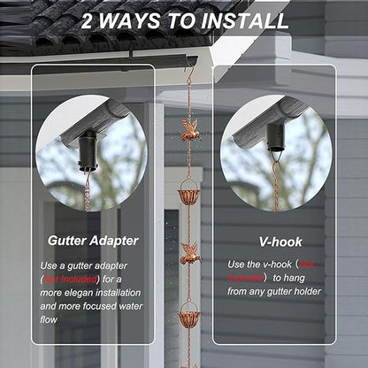 Rain Chains for Gutters, 7.87Ft Hummingbird and Cup Rain Chains for Gutters, Adjustable Rain Chimes for Outside Replacement Downspout for Gutters Eaves Drainage, Copper